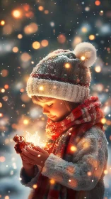 Child cradles glowing winter light in softly falling snow.