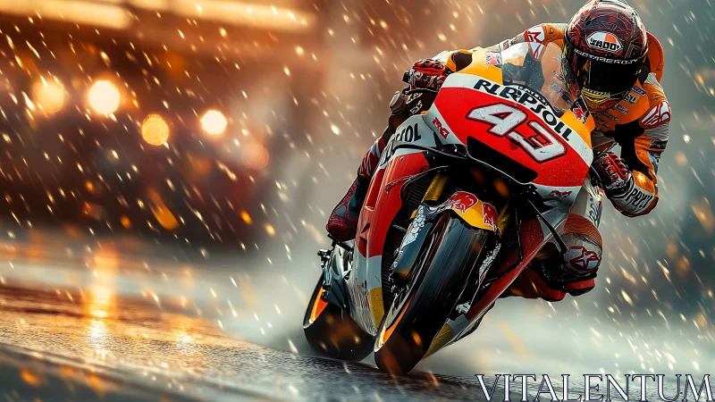 Rain-slashed superbike rockets through sparks of city light
