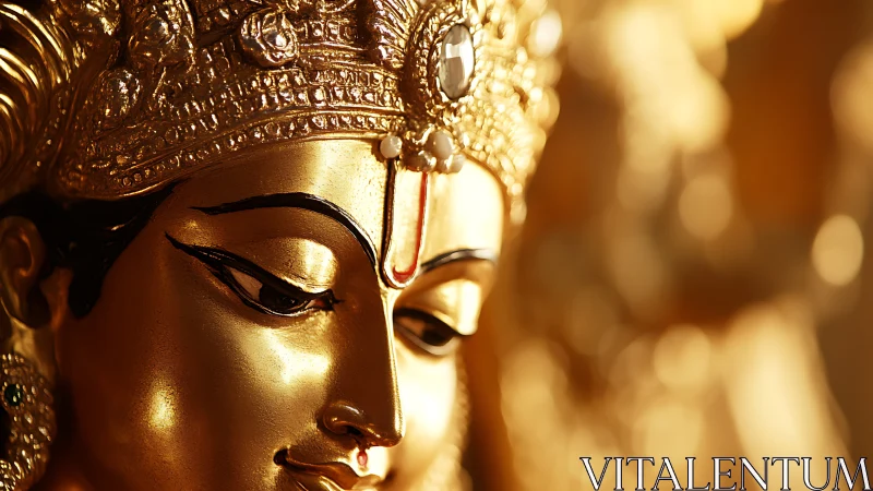 Golden goddess sculpture glows softly in devotional light