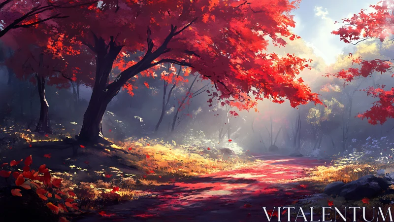 Crimson Cathedral: Where Autumn Blazes Through Enchanted Mist