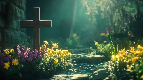 Wooden cross in sunlit garden stream with blooming flowers.