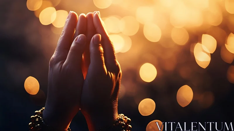 Gentle hands rest in quiet prayer against warm glowing light
