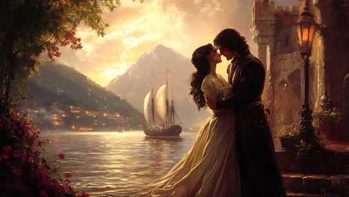 Romantic Coastal Evening with Sailing Vessel and Mountains.