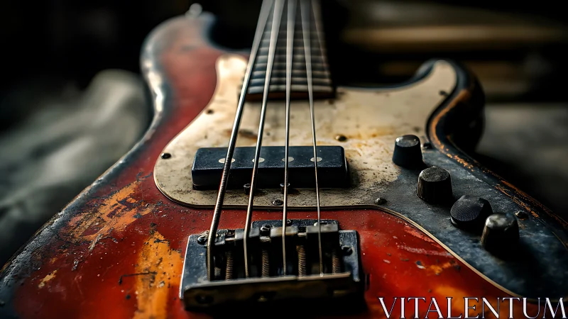 Close-up view of worn electric bass guitar body and controls.