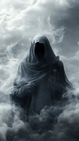 Hooded cloaked figure standing in dense swirling fog bank.