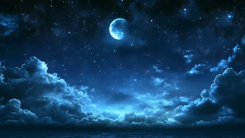 Luminous crescent moon illuminates volumetric clouds and starfield