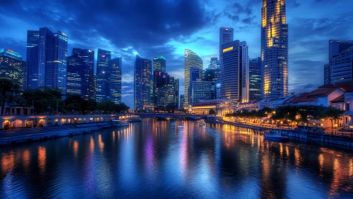 Singapore riverfront skyline glows under deep blue dusk.