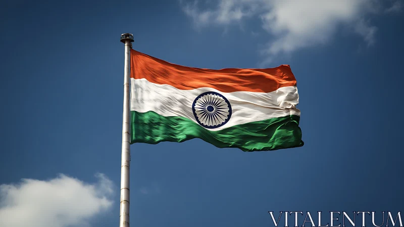 Indian national flag on pole against clear blue sky.