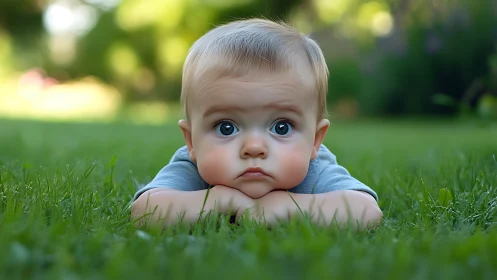 Infant positioned on grass with direct frontal gaze expression