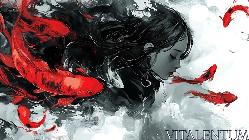 Monochrome girl immersed with vivid red koi in swirling currents.
