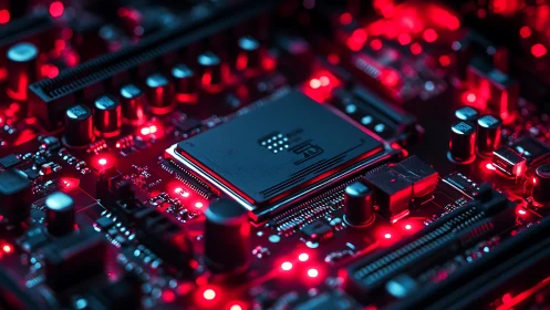 Neon logic pulses through a crimson-lit motherboard city