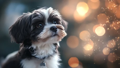 Small dog gazes left against defocused warm light bokeh field