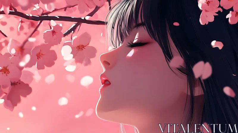Profile portrait under cherry blossoms uses soft depth-of-field lighting