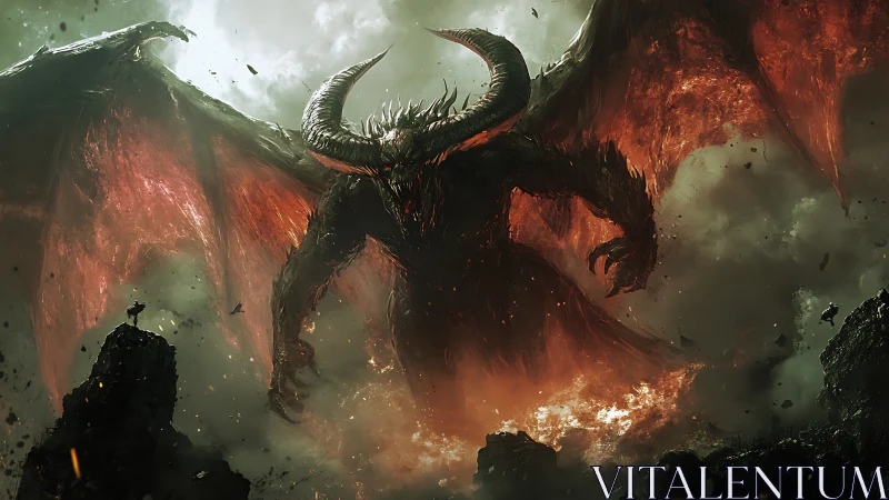 Colossal horned demon emerges from fiery storm of ruin