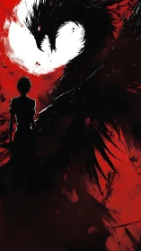 Silhouetted warrior confronts shadow dragon beneath blood moon