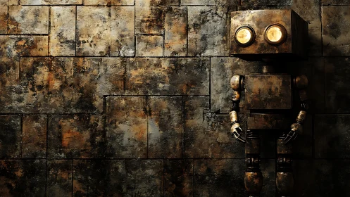 Rusty wall robot with glowing eyes in quiet daydream.