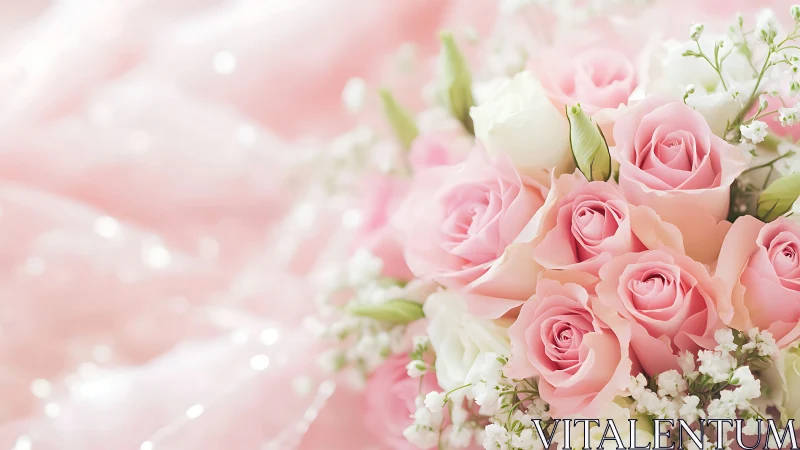 Soft pink wedding roses glow over blurred satin bokeh.