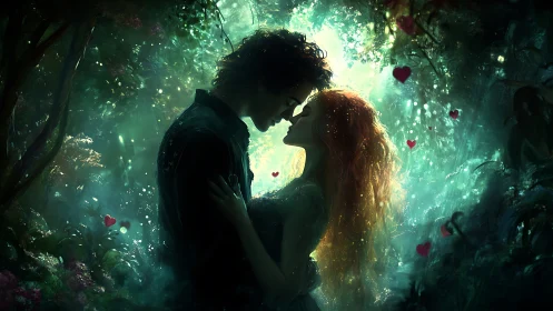 Two figures in intimate proximity within luminescent forest setting