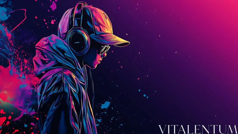 Neon hooded listener in profile with headphones and cap.