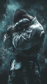 Martial artist in defensive guard under dramatic blue lighting