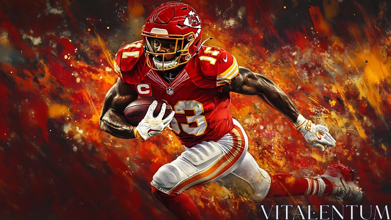 Blazing football runner charges ahead through vivid color