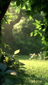 Garden scene framed by sunlit foliage and shadows.