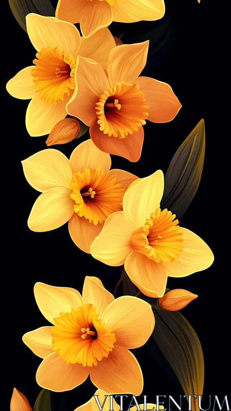Vibrant Daffodils in Golden Bloom Against Black Backdrop