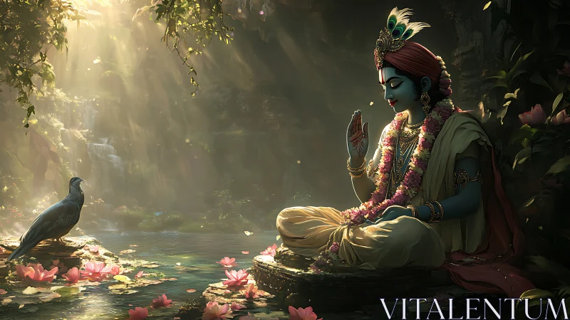 Seated blue figure by forest pool with bird and waterfalls.