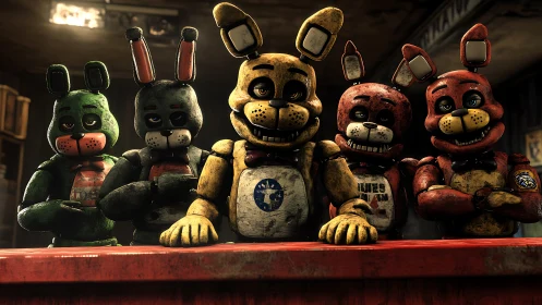 Grim animatronic rabbits lined at worn red counter.