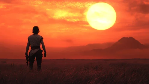 Lone dusk wanderer greeting a colossal ember sun horizon.