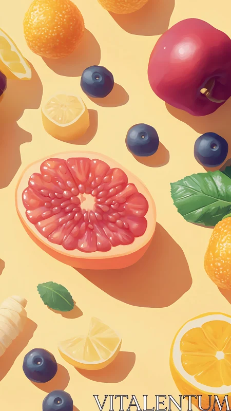 Citrus and berry still life with bold summer color palette.