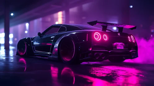 Modified sports coupe under neon lights in urban night scene.