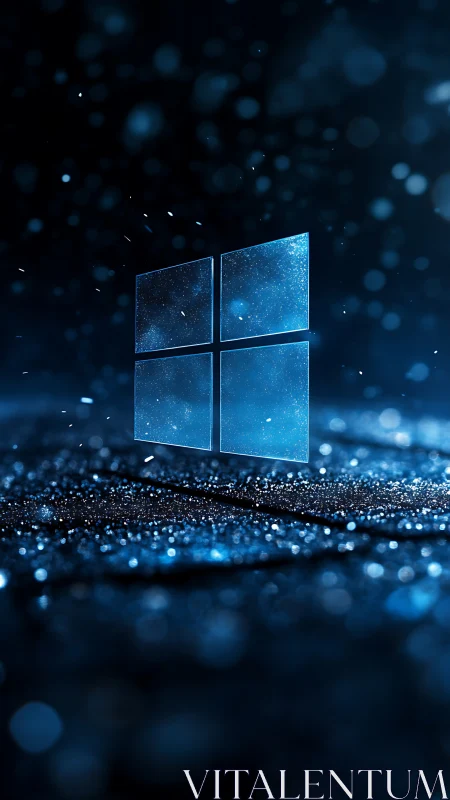 Glowing blue window logo hovers above a shimmering digital floor
