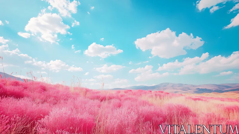 Dreamlike pink meadow unfolds beneath radiant blue skies.