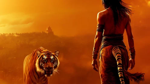 Tiger and warrior under molten sunset over jungle temple.