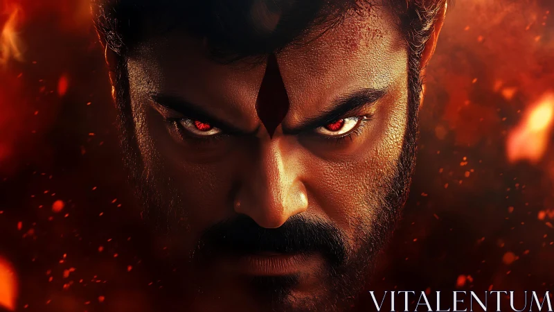 Fiery-eyed warrior stares ahead with intense burning focus