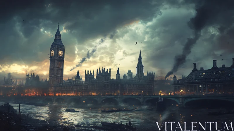 Stormlit London skyline over burning riverside streets.