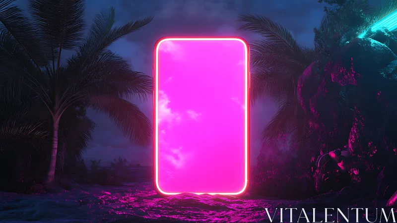 Neon rectangular portal structure in tropical night landscape.