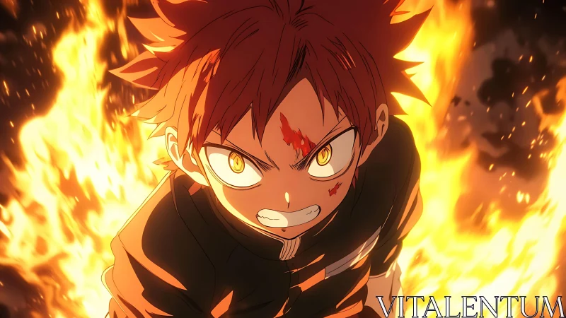 Fiery anime protagonist advances through engulfing flames