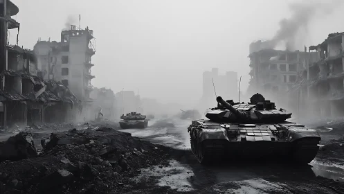 Main battle tank in foggy urban ruins with collapsing facades