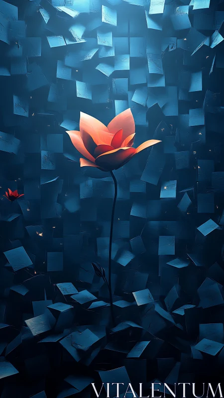 Luminous red flower rising amid abstract blue cubes.