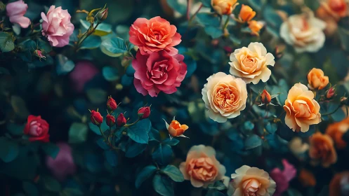 Garden of flowering roses displaying multiple color gradations in teal landscape setting.