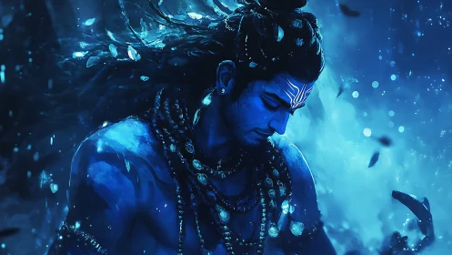 Blue-toned digital depiction of meditative mythic figure.