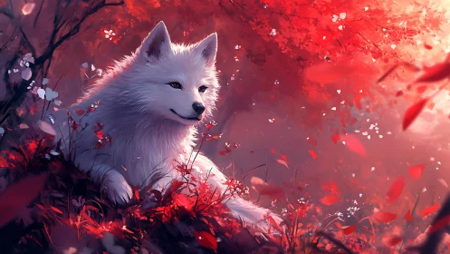 White fox resting under luminous crimson forest canopy.