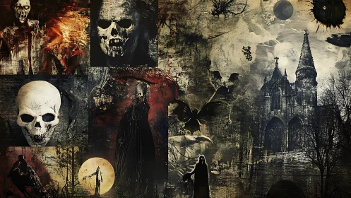 Dark gothic montage with skulls, church and grim figures.