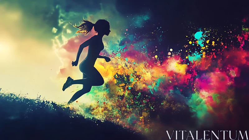 Silhouette runner explodes through vivid cosmic color clouds.
