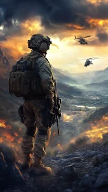 Tactical operator overlooking burning valley with helicopters