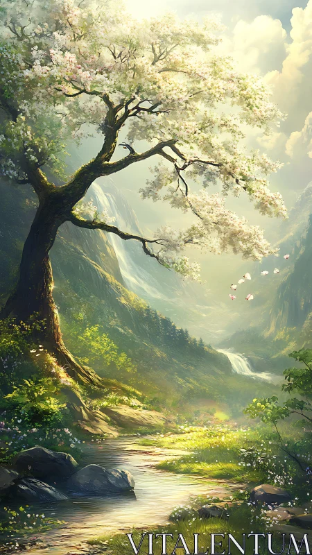 Blossoming tree stands beside stream in illuminated valley