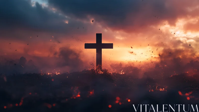 Cross stands in burning landscape against dramatic sky
