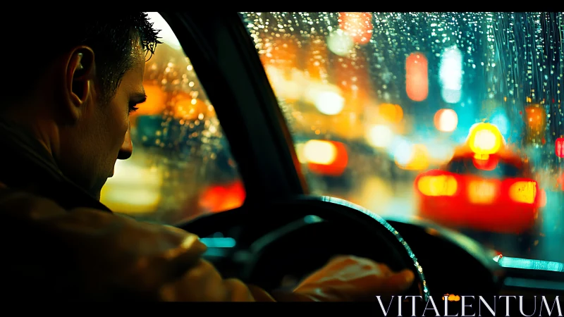 Moody driver silhouette in neon soaked rainy city streets.